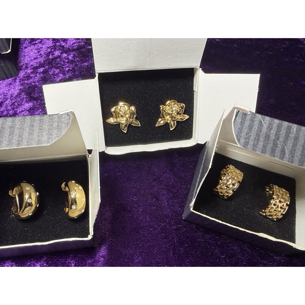 Avon Earring Lot Clip Rose Passion Flower Gold Tone Hoops Rhinestones Box